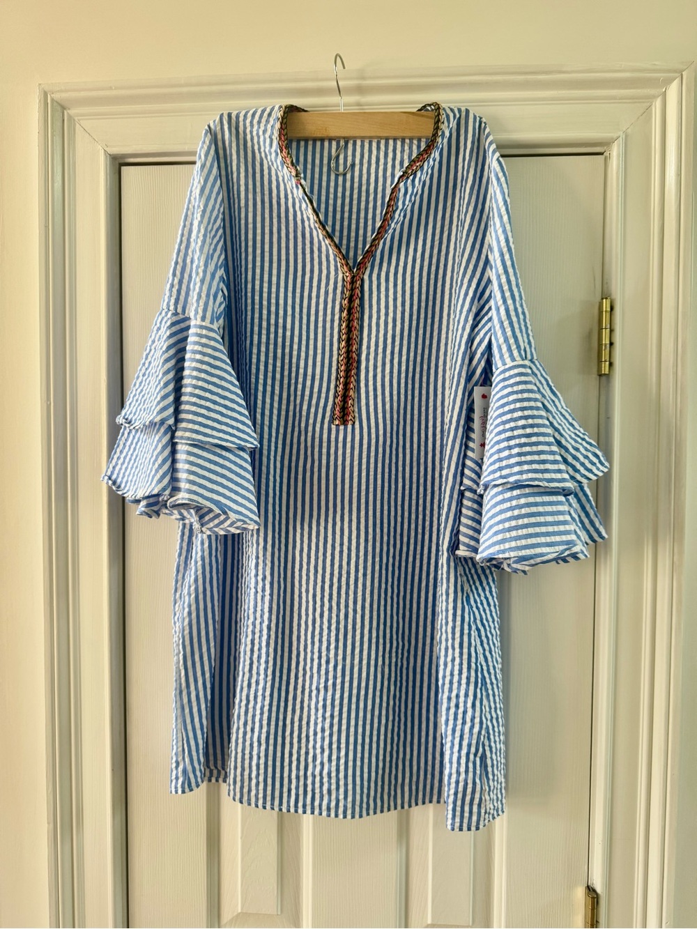 Blue & White Striped Ruffle Sleeve Tunic Dress